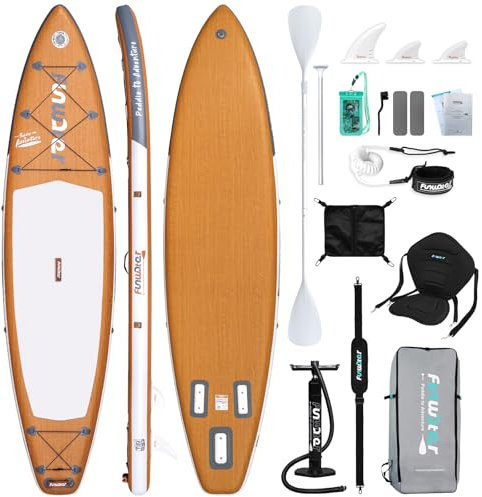 FunWater Tabla de Paddle Inflable 350 cm con Pala,Bomba,Asiento,Correa para Hombro,Mochila,Bolsa Impermeable para Teléfono,Correa de Seguridad,3 Aletas Apta para Todos los Niveles