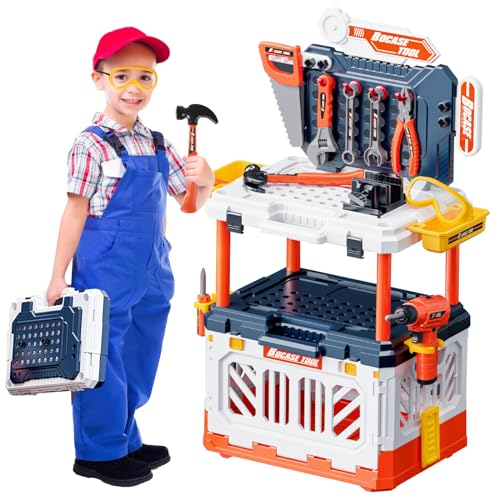 deAO Transformable Kids Tool Bench Set, Construction Play Accessories with Electric Drill, Hammer, Wrench, Multi-Scene Pretend Play Toy, Foldable Workbench, Gift for Kids