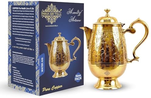 Brass Jug Pitcher, Mughlai Style, Embossed Design, 1400ml, Serving and Storing Water