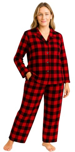 Ensemble pyjama femme flanelle 100 % coton doux chaud haut boutonné pantalon élastique à carreaux avec poches (FR/ES, Alpha/lettres, M, Taille normale, Taille normale, Carreaux rouge et noir)