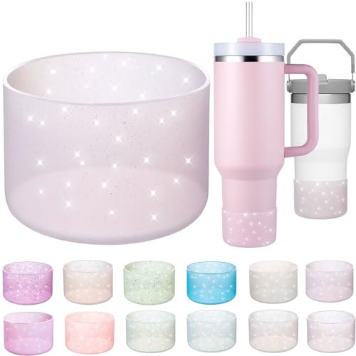 Onlymory Silicone Boot for 30 40 OZ Stanley Cup Accessories, Glitter Boots for Stanley 20OZ 30OZ Tumbler Ice-Flow 16OZ Bottle, Anti-Slip Bling Protector Bottom Cover Sleeve, Clear Light Pink