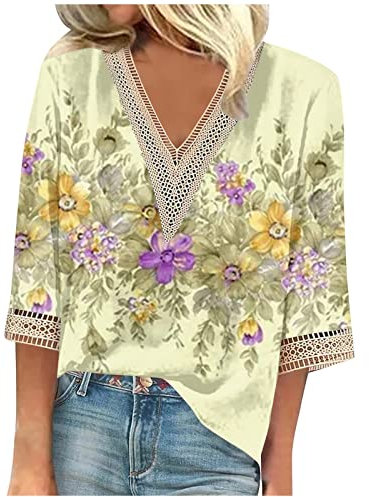 Haut Femme Chic T Shirt Manche 3/4 Femme Coton Chemisiers et Blouses Femme Chic Tee Shirt Femme Jaune Blouse en Coton Leger Chemise A Carreaux Femme XS Tunique Oversize Femme Jaune L