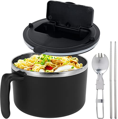 Keyohome 1200ml Rapid Ramen Bowl with Filterable Lid, 304 Stainless Steel Noodle Bowl with Spoon Chopsticks, BPA Free Ramen Cooker Bowl with Handle, Noodles Cooker Bowl for College Dorm Home (Black)