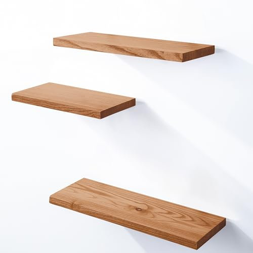 LAMO Manufaktur 3 Stück Wandregal aus Holz mit unsichtbarer Befestigung 40/35/30cm | Wandregal Holz | Hängeregal für Wohnzimmer, Schlafzimmer | Wandregale Set 3 Gerade Farbe: Dunkel