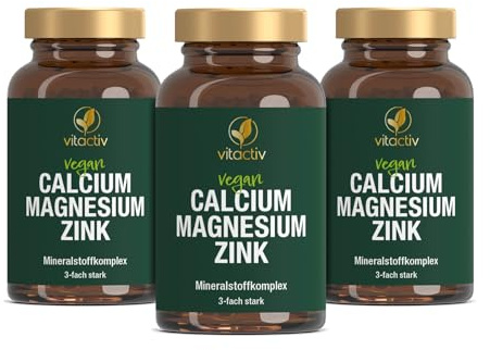 VITACTIV Calcium Magnesium Zink Tabletten - Mineralkomplex hochdosiert für Knochen, Muskeln, Haut & Haare - Calciumcitrat, Magnesiumcitrat und Zinkcitrat - Hohe Bioverfügbarkeit, Vegan - 300 Stück