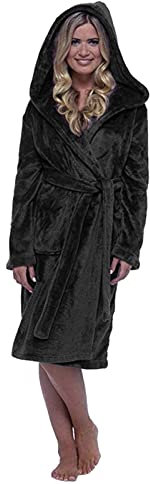 Vestaglia da donna in pile di lusso, a lunghezza intera, accappatoio da casa, vestibilità aderente, super morbido, caldo, accogliente, con cappuccio, abbigliamento da notte, Nero , 4XL