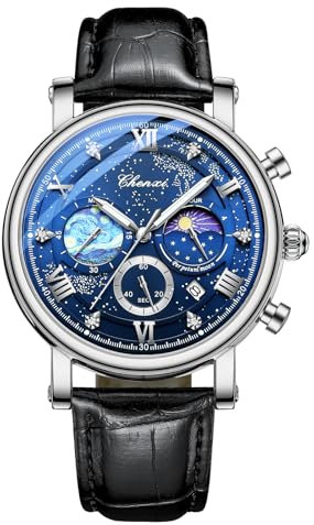 JewelryWe Herrenuhr Echtleder Chronograph Uhr: 30m Wasserdicht Analog Quarz Armbanduhr Herren Schwarz Lederband Sternenhimmel Multifunktional Uhr mit Kalender, Leuchtzeiger, Stoppuhr, Silber Gehäuse