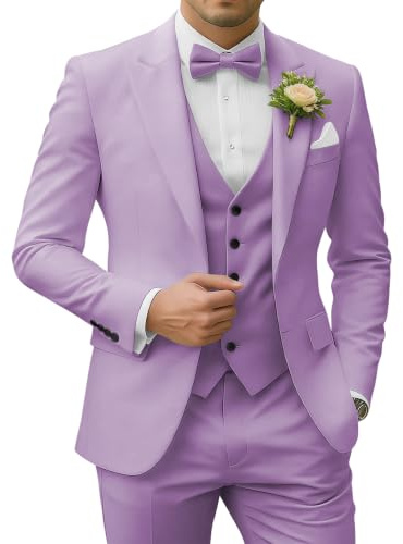 SPTALLFITJSV Completo da uomo in 3 pezzi, vestibilità aderente, con risvolto a punta e 2 bottoni, giacca, gilet e pantaloni, per matrimoni, affari, balli studenteschi, Lilla, S