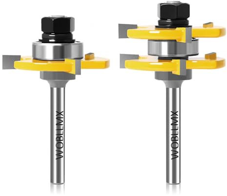 WOBLLMX 2 Pieces Groove and Tongue and Groove Set, 6 mm Shank, 3 Teeth, Adjustable T Shape Woodworking Milling Cutter Set, Router Bit Woodworking Milling Wood Cutter Tool