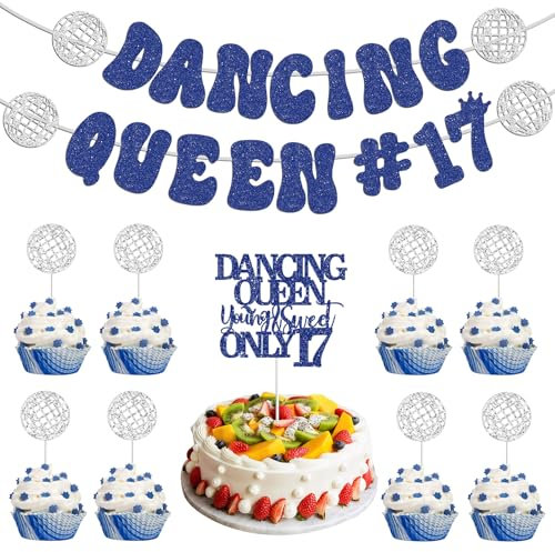 Dancing Queen Party Decorations 17 - 17th Birthday Decorations for Girls, Mamma Mia Party Decorations Dancing Queen Theme Cake Topper, Dancing Queen Banner, Young and Sweet 17 Birthday Decorations