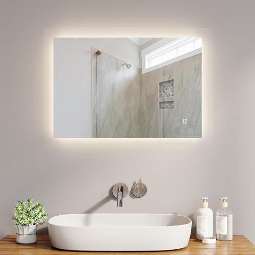 LOMIKEN Badspiegel Mit Beleuchtung - 50x70x3,5cm LED Spiegel Bad, 6400K Kaltweiß, IP44 Energiesparend Spiegel Mit, 3 MM Kupferfreier Badezimmerspiegel
