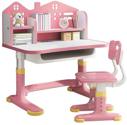 ehozirta Funktionales Schreibtischstuhl-Set für Kinder, Schreibtisch und Stuhl-Set, höhenverstellbar, Kinderschreibtisch mit Schloss-Rückwand, verbreiterter Schreibtisch, Bücherständer und