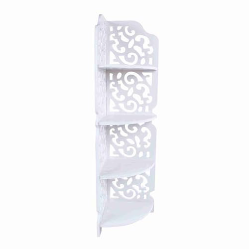 Cornesty Modernes Weißes 4-stufiges Dreieckiges Eckregal Zur Präsentationsaufbewahrung, WPC, für Jeden Ort Geeignet, Geschnitztes Design, 1 X 4-stufiges Regal, 1 X Anleitung