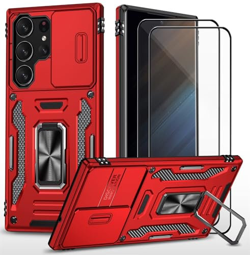 CLYDITE Coque pour Samsung Galaxy S25 Ultra étui avec 2 Verre Trempé Support magnétique Armure Robuste Antichoc Silicone avec Couvercle de caméra Coulissant Bumper-Rouge