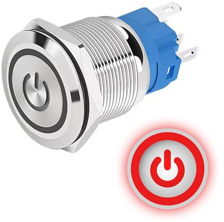 Botón pulsador bloqueado 16 mm 12 V-24 V DC 4 A, logotipo de alimentación rojo, interruptor luminoso LED de metal, impermeable con sello de goma, para eléctrico y electrónico