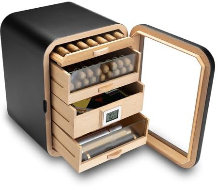 CIGARLOONG Cedar Wood Cigar Humidor Cabinet 4 Layer, Cabinet for 110 Cigars Contain Humidifier&Digital Hygrometer,Luxury Gift for Cigar Lovers (Black)