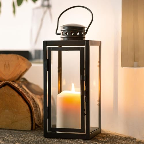 Laternen für draußen, 24 cm Windlicht klein Metall schwarz Grablaterne wetterfest mit Glas für Garten Balkon Terrasse Friedhof Kerzenhalter Dekoration modern Vintage Stil Outdoor Laterne