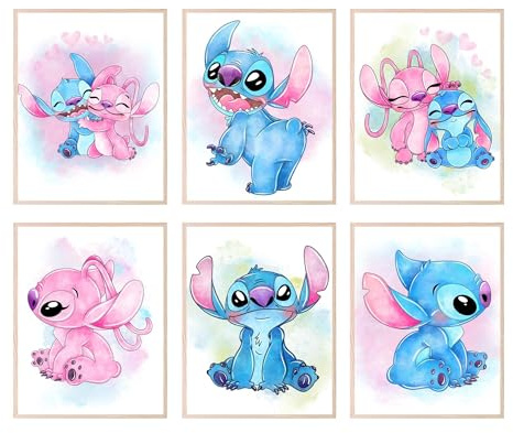 6er Set Stitch Poster, Cartoon-Wanddeko Kinderzimmer – Ungerahmte Wandkunst in Aquarell-Optik, Stitch plakat, Kunstwerk-Set, Poster für Mädchenzimmer, Bilder Kinder Wanddekoration (20x25cm)