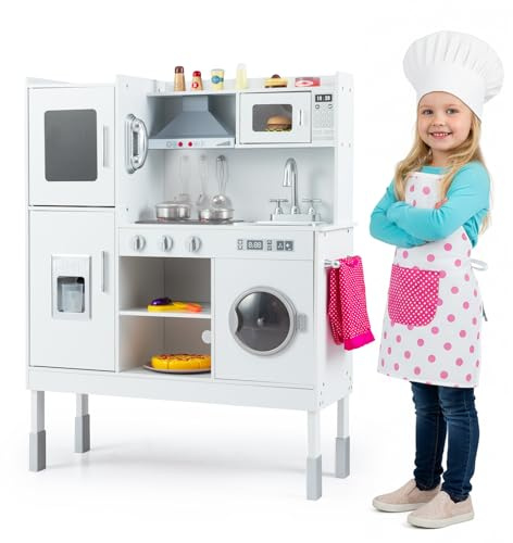DREAMADE Höhenverstellbare Kinderküche mit Licht und Sound, Spielküche aus Holz mit Zubehör, Kinderspielküche mit Spüle Herd Backofen, Holzküche Spielzeugküche für Kinder ab 3 Jahren (Groß-Weiß)