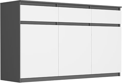 Framire Highboard Anthrazit/Weiß 120x40x98 cm – 3-türige Kommode mit Schubladen, Sideboard für Wohnzimmer, Esszimmer & Schlafzimmer, modernes Schrankmöbel, Modern S-3