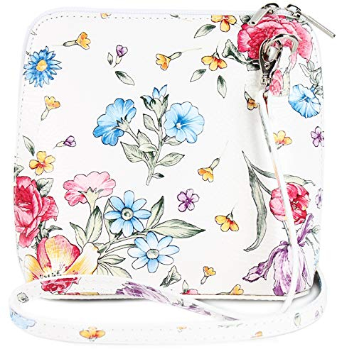 Belli italienische Ledertasche Damen Umhängetasche klein Handtasche Schultertasche Abendtasche in weiß blume - 17x16,5x8,5 cm (B x H x T)