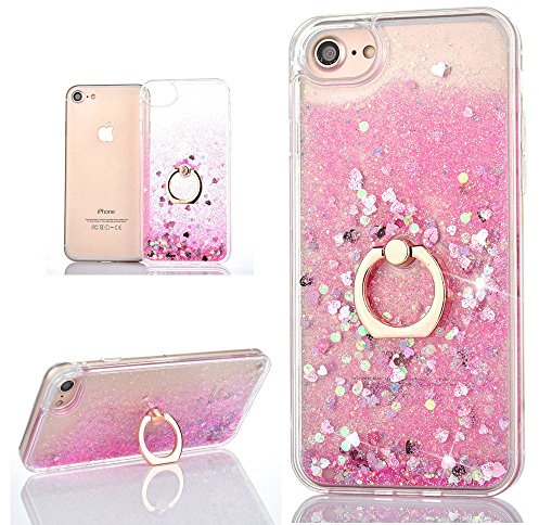Hancda Phone Case for iPhone SE 2022 / iPhone SE 2020 /iPhone 8/iPhone 7 Case Cover Glitter Sparkle Liquid Sparkly Hard Back Transparent Silicone Clear Soft Bumper Case with Ring Holder Stand,Pink