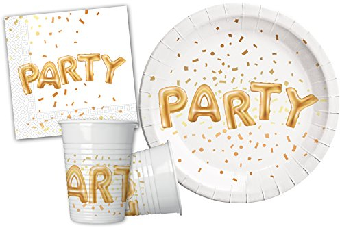 Ciao-Kit Mesa Fiesta Gold Party para 8 personas (36 pzas: 8 platos Ø23cm, 8 vasos, 20 servilletas) Vajilla, individual, color blanco, oro, (Y4650)