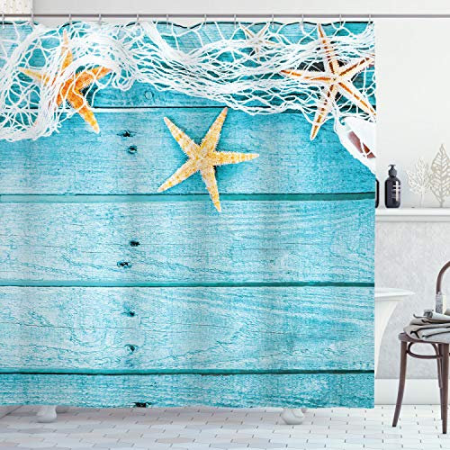 ABAKUHAUS Seestern Duschvorhang, Rustic Fisch-Netz, Stoffliches Gewebe Badezimmerdekorationsset mit Haken, 175 x 200 cm, Turquoise Weiß Orange