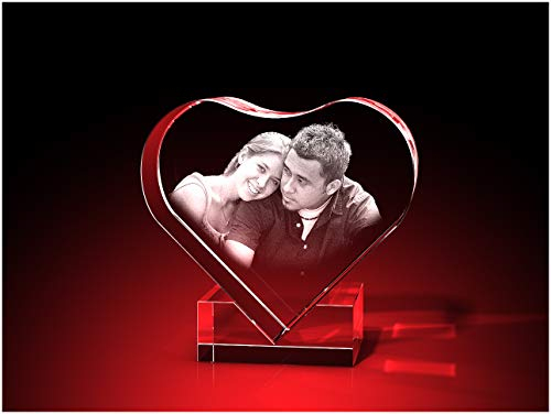GLASFOTO.COM personalisiertes Glasfoto in Herzform mit Ihrem eigenen Bild mit Halterung – Kristallglas mit Innengravur als anpassbares Geschenk 58 x 58 x 30 mm
