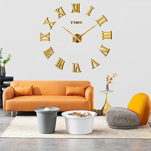 Coraltree DIY 3D Wanduhren Moderne Mute große Wanduhr XXL Stumm Spiegel Aufkleber für Dekoration Geschenk Nach Hause Restaurant Büro und Hotel (Gold)