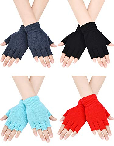 Bememo Fingerlose Handschuhe, Halbfinger-Handschuhe, Winter, einfarbig, gestrickt, für Jungen und Mädchen, 4 Paar, Himmelblau, Rot, Schwarz, Grau, 5.5 x 3.9 inches