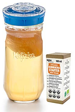 Kefirko Complete Kombucha Making Kit 1.4L Jar with Organic Starter – Make Your own Probiotic Drinks at Home for Good Gut Health and Build Your Immunity (Blue)