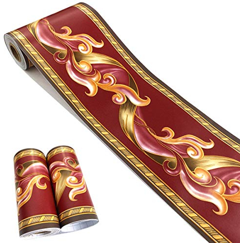 MESOAR Self Adhesive Vintage Red Floral Wallpaper Border Peel Stick Decorative Ceiling Border Kitchen Bathroom Bedroom Sticker Molding Border 10cm by 32.8ft