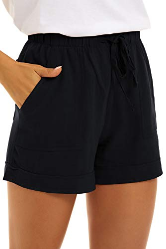 FANGJIN Bikershorts für Frauen Kordelzug Hoch Taillierte Trainingshose Outfits Active Wear Loose Fit Damen Soft Elasthan Shorts Taschen Schwarz L