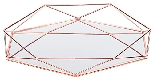 Bandeja de Almacenamiento de Joyas - Baño Sexangle Espejo Metal Oro Cosmético Almacenamiento de Joyas Organizador Bandeja Caja Placa(Oro Rosa)