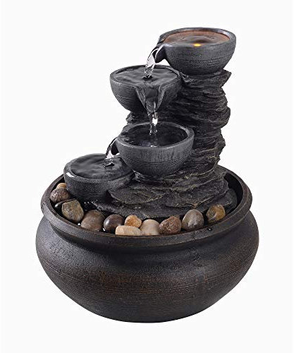 Teamson Home Indoor Tabletop Water Feature, 4 Tiered Small, Mini Water Fountain Decor, Modern Cascading Waterfall Ornament with Lights & Pump, Grey