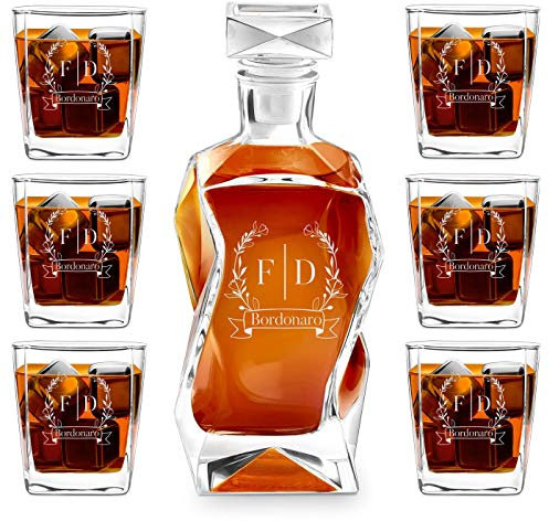 Maverton Set Decanter per Whisky in vetro - da 700 ml - incisione personalizzata - Caraffa con 6 bicchieri - idea regalo per l'anniversario - Fiori di campo