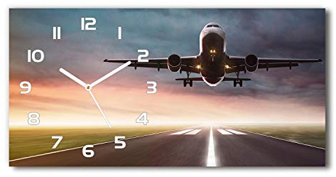 Tulup Wanduhr aus Glas 60x30 cm Glas Uhr Bild Gehärtetes Küchenuhren - weiße Zeiger - Das Flugzeug beginnt