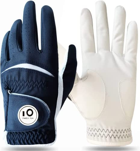 Golfhandschuhe Herren Golf Handschuhe Links Rechts Leder Handschuh Wert 1 2 Stück Not Paar Golfhandschuh Linke Rechte mit Ball Marker Allwetter Griff für Männer Golfer (1 Stück Marine, L, Links)