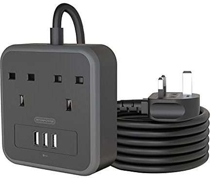 Extension Lead with USB Charger, NTONPOWER 2 Gang Power Strip 3 USB Slots with 9.8ft Extension Cord and Portable 3 Pin UK Plug Adaptor for Travel- Black