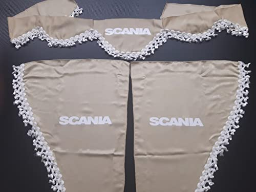 3er Set Plüsch Vorhänge mit Quasten Weiß für LKW Scania R S P L (beige)