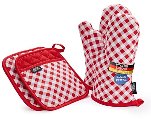 LauterSchutz® Porte-Pots et Gants de Four dans Un Ensemble - en Coton (recyclé) de différentes Couleurs (Rouge)