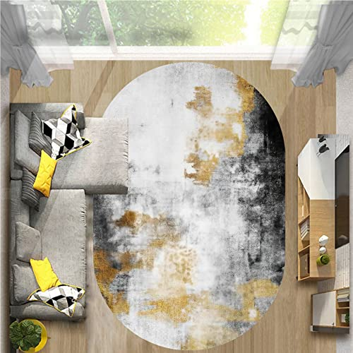 Rururug Teppich Oval Moderner Läufer Orientteppich Kurzflor Flur Schlafzimmer Küche Wohnzimmer rutschfest Waschbar,abstrakt Gold gelb schwarz grau,Oval 90 x 160 cm