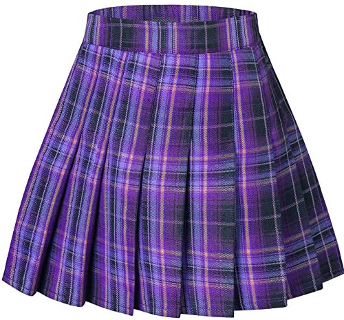 SANGTREE Minigonna a pieghe da donna con comoda gonna a pattinaggio con fascia elastica casual, US S - US 4XL, Plaid-charm Viola, 3XL