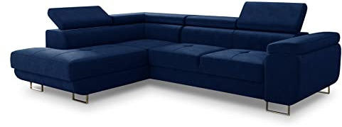 Ecksofa Caris mit Schlaffunktion und einstellbare Kopfstützen, Wohnlandschaft mit Bettkasten, Couch, Sofa, Bettsofa (Dunkelblau (Kronos 09), Ecksofa Links)