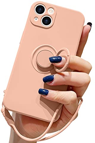 Pepmune Compatible with iPhone 13 Case Liquid Silicone with Ring Holder Kickstand Magnetic Car Mount Detachable Wrist Strap Shockproof Soft Protective Cover-Pink