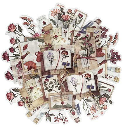 ZMLSED Vintage Pink Rose Scrapbook Stickers, 40Pcs Decorative Retro Adhesive Watercolor Aesthetic for Craft Art Bullet Junk Journal Laptop DIY Paper Planner Notebook Collage Album