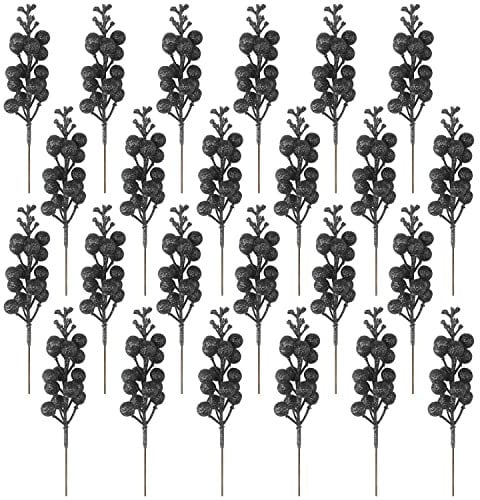 24 Pack Glitter Black Berry Stems, 19 CM Artificial Burgundy Red Berry Picks Holly Red Berries Branches Christmas Berry Stems for Christmas Tree Garland Wreath Crafts Wedding Winter Home Decoration