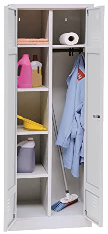 Schrank & Stuhl Mehrzweckschrank | Besenschrank mit Durchgehender Trennwand, Hakenleiste und 7 Fächern 180x80x50, Drehriegelverschluss, komplett montiert, Grau