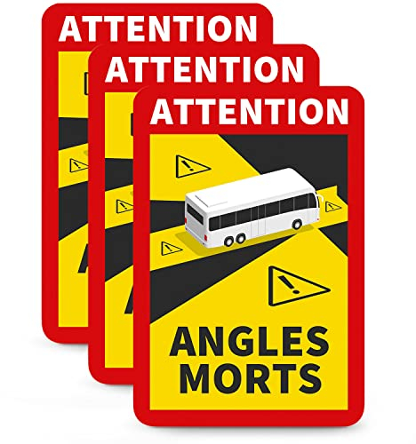 Betriebsausstattung24 3er Set Ablösbare Folie Attention Angles Morts Bus/Wohnmobil - Non-permanent haftende PVC- Folie 17,0 cm x 25,0 cm - Toter Winkel Warnschild - Hinweisschild